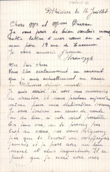 Lettre envoyée de Pithiviers le 16 juillet 1942 par Symcha Horonczyk à son père et à ses soeurs 